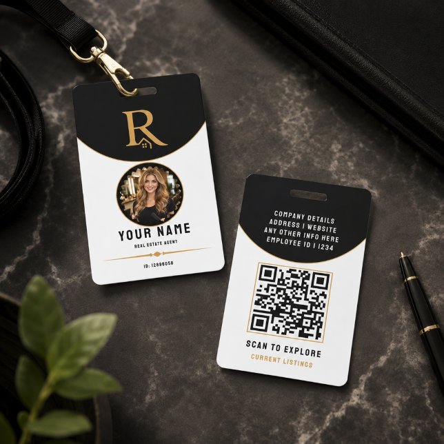 Crachá Código QR de ID de Imóveis Modernos de Ouro Preto  (Luxury Black Gold Modern Real Estate QR Code ID Badge
)