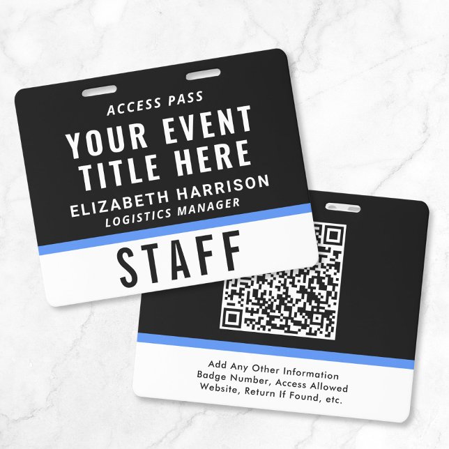 Crachá Código QR de Ingresso de Acesso ao Evento Preto Az (Event Access Pass QR Code Black Blue ID Badge)