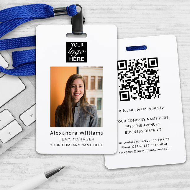 Crachá Código QR de Segurança da Empresa de Identificação (Modern custom business employer photo ID security badge with qr code and name job title lanyard)