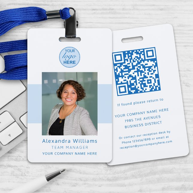 Crachá Código QR de Segurança da Empresa - Identificação  (Blue ad gray custom business photo id with qr code security badge Modern professional lanyard)