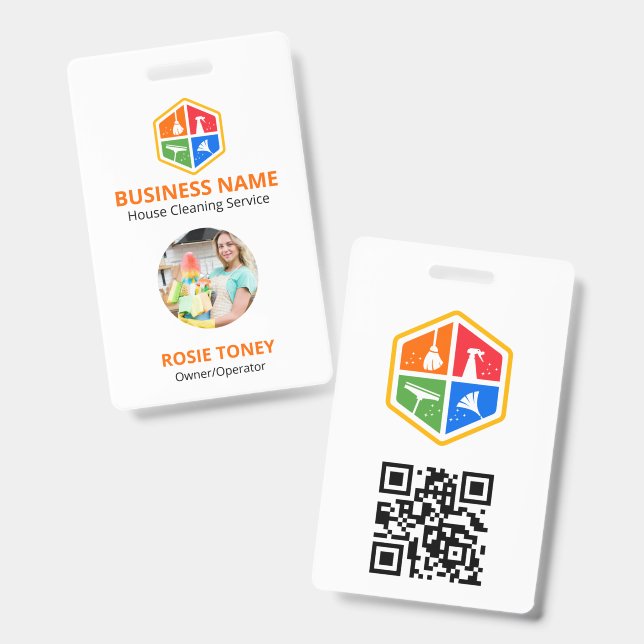 Crachá Código QR do Serviço de Limpeza Doméstica com Logo (Frente e verso)