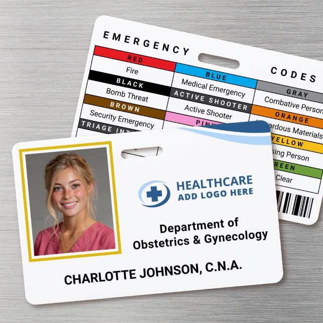 Crachá Códigos de Cores Personalizados Cargão de Identifi (Double-sided photo ID badge with custom emergency codes and barcode image)