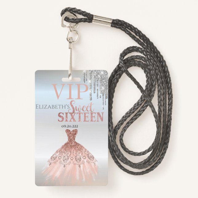 Crachá Colírio de Prata, Rosa Dourado Vestido Doce Doce 1 (Frente com cordão)