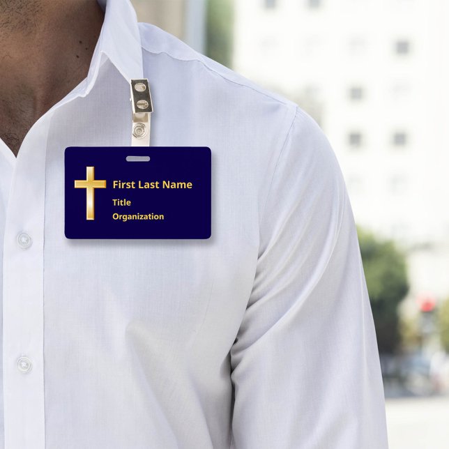 Crachá com Cruz Cristã de Ouro (Modern name badge with gold cross. Perfect for events & meetings. Customize text & attachment style.)