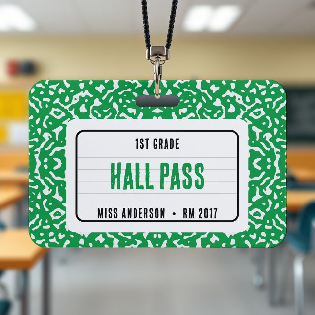 Crachá Composição do Sala de Aula do Notebook Verde (Composition Notebook Classroom Hall Pass Green Badge
)