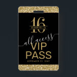 Crachá Convidado Dourado e preto de acesso VIP doce 16<br><div class="desc">Os Convites para Crachás de passagem de acesso universal à Glitter Dourado e preto personalizado podem ser personalizados com o nome de cada convidado ou criar um monograma para a doce garota de 16 anos. Os detalhes do convite de festas são impressos no verso com fontes cursivas modernas de sans-serif...</div>