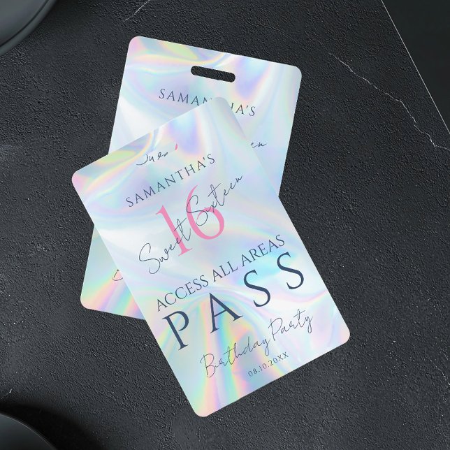 Crachá Convite de Aniversário de 16 anos com Acesso VIP H (Sweet 16 VIP Pass Holographic ID Badge)