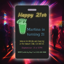 Crachá Convite de Aniversário de 21 Anos Neon com Bebidas
