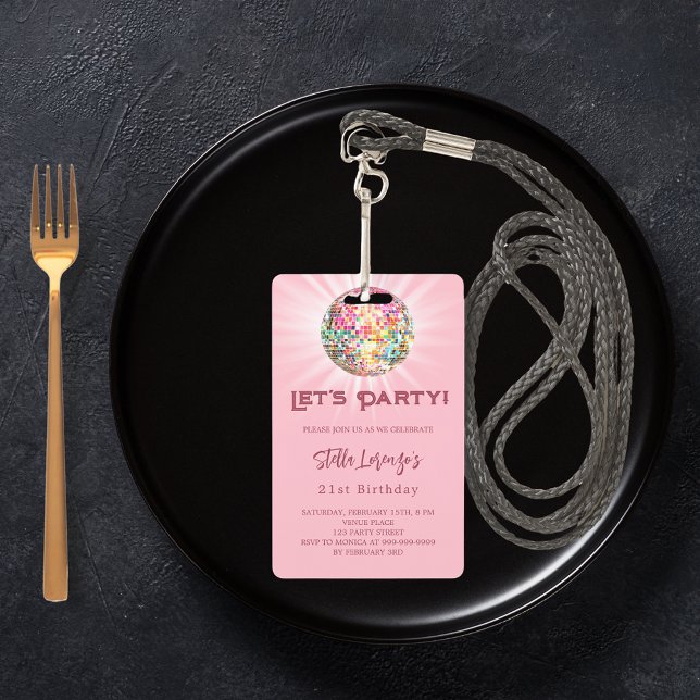 Crachá Convite de aniversário de discoteca rosa (Criador carregado)