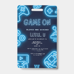 Crachá Convite de aniversário de jogos de vídeo Neon Qual