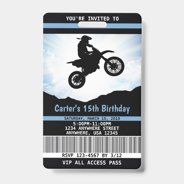 Crachá Convite de Aniversário de Moto Cross VIP (Frente)