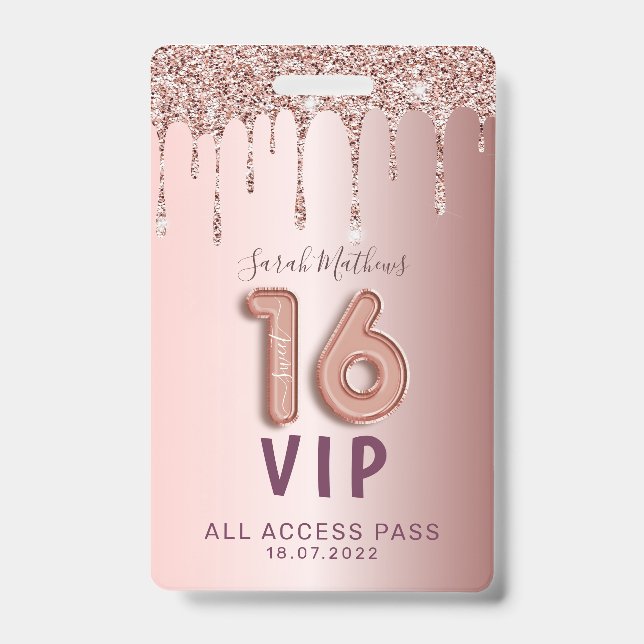 Crachá Convite de Aniversário Sweet 16 com Brilho em Rose (Frente)