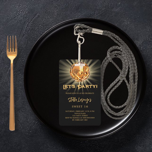 Crachá Convite de festa de 16 anos Sweet 16 dourado preto (Criador carregado)