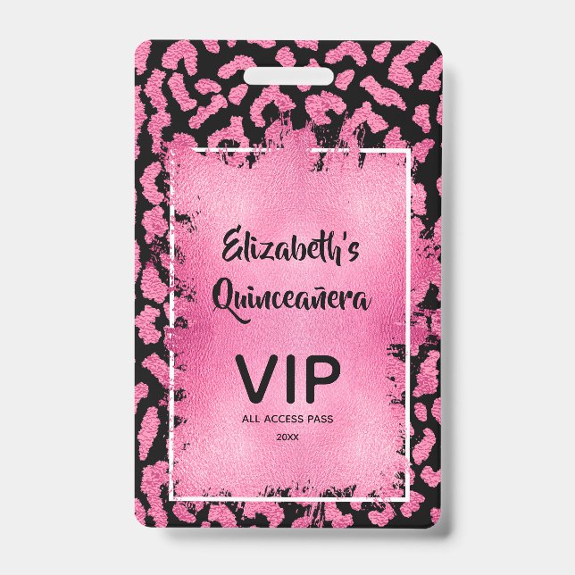 Crachá Convite de Quinceañera Pink Black Leopard VIP Pass (Frente)