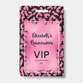 Crachá Convite de Quinceañera Pink Black Leopard VIP Pass