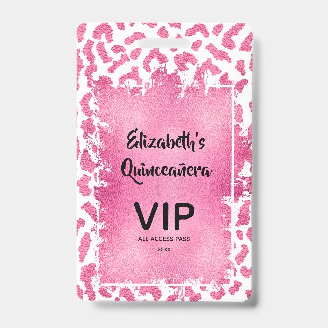 Crachá Convite de Quinceañera Pink White Leopard VIP Pass (Frente)