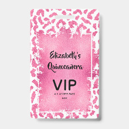 Crachá Convite de Quinceañera Pink White Leopard VIP Pass
