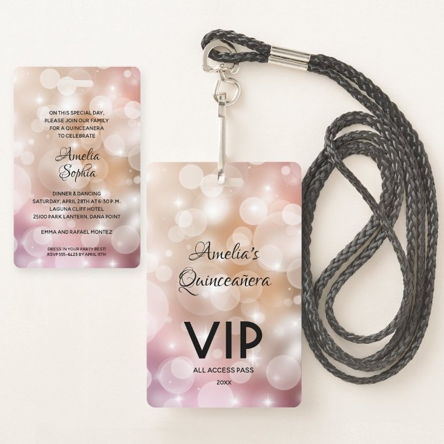 Crachá Convite de Quinceañera Rosa Bege Chic com VIP Pass (Criador carregado)