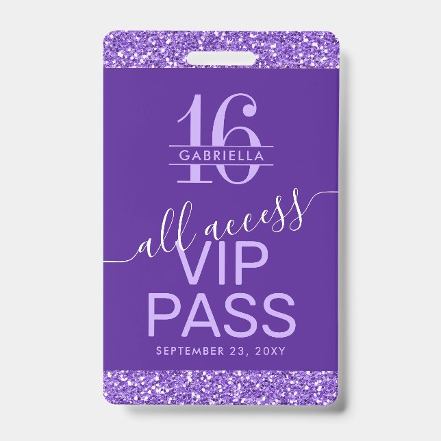 Crachá Convite de Sweet 16 Roxo VIP Pass (Frente)