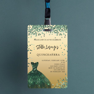 Crachá Convite de vestido de ouro esmeralda Quinceanera