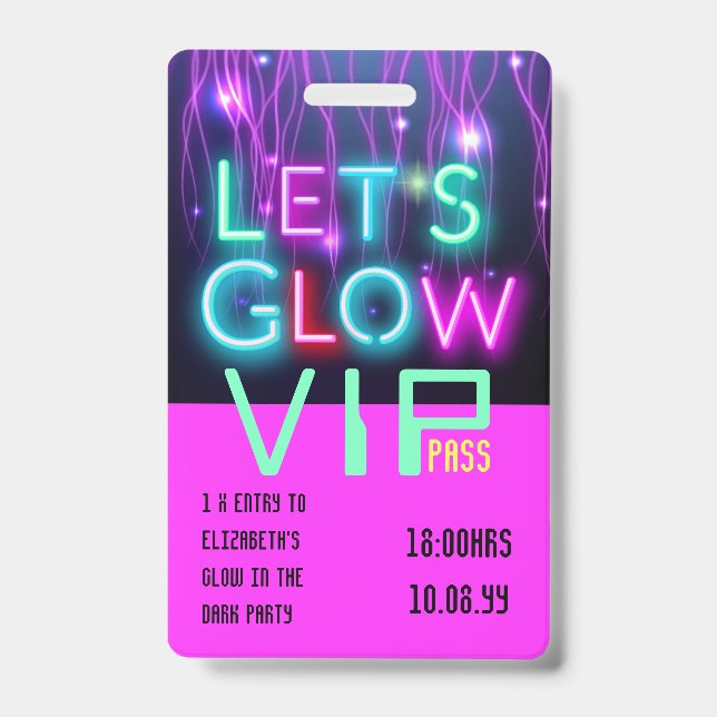 Crachá Convite ÚNICO de festa VIP Pass Glow In Dark (Frente)