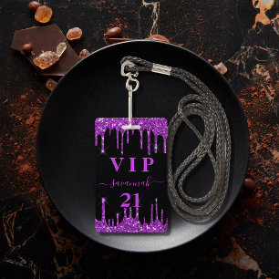 Crachá Convite vip com gotas de glitter preto roxo para a