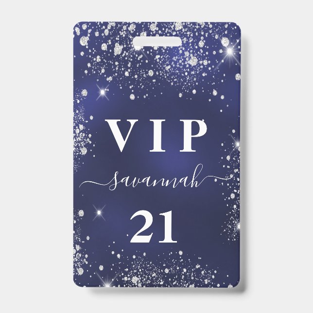 Crachá Convite vip de aniversário azul marinho com glitte (Frente)
