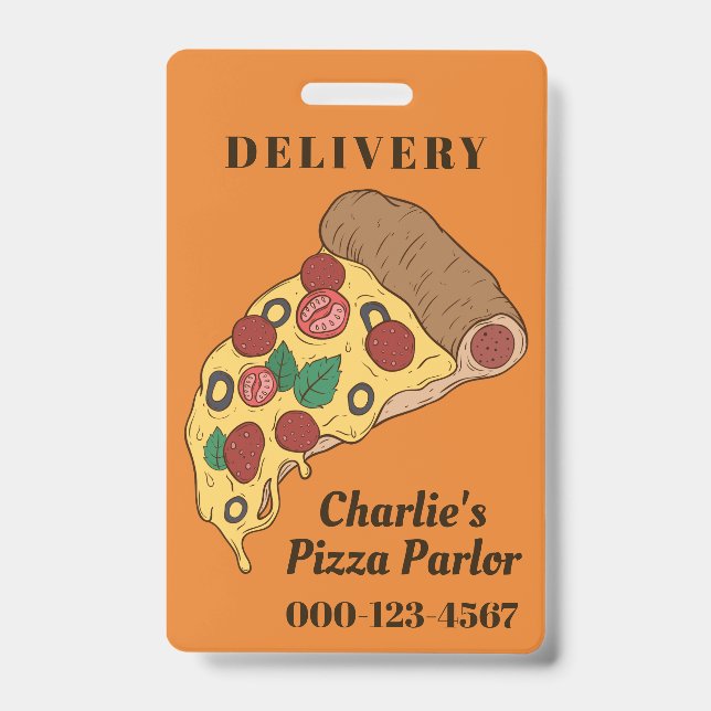 Crachá Crachás de fatias de pizza com texto e cor persona (Frente)
