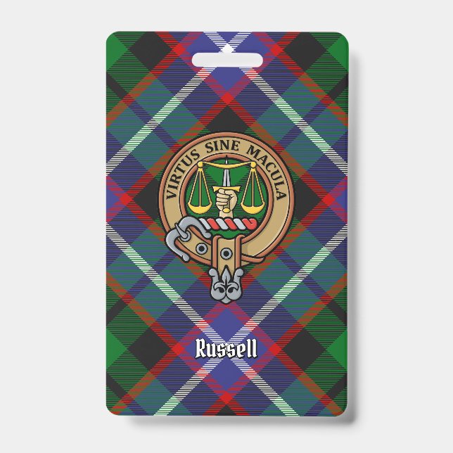 Crachá Crest do Clã Russell sobre Tartan (Frente)