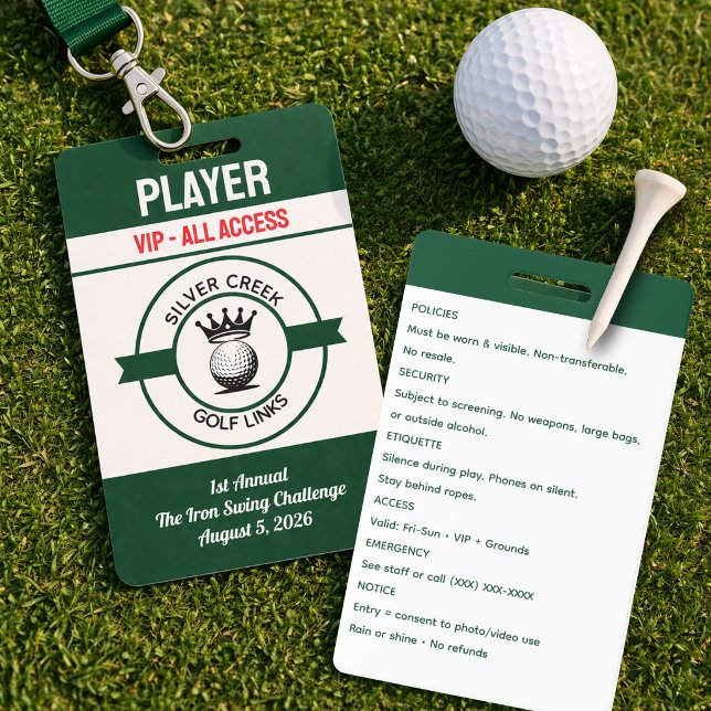 Crachá Custom Create Your Own Golf Tournament (Classic golf badge design featuring crossed clubs, green fairway accents, and tournament-ready style)