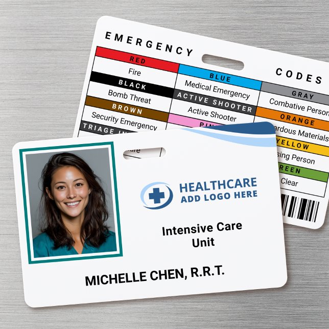 Crachá Custom Hospital Employee Photo ID Badge (Double-sided photo ID badge with custom emergency codes and barcode image)