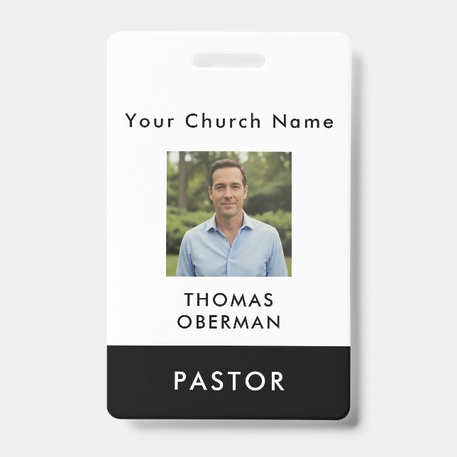 Crachá Custom Modern Black Church Pastor Photo ID (Frente)
