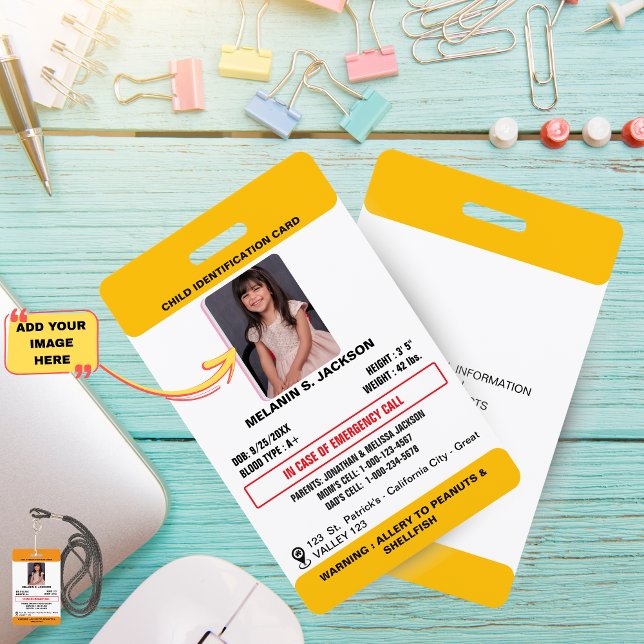 Crachá Custom Photo ID Badge for Kids with Emergency Cont (Child Photo Emergency ID Identification Card Badge)