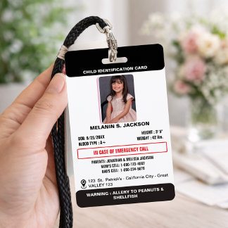 Crachá Custom Photo ID Badge for Kids with Emergency Cont