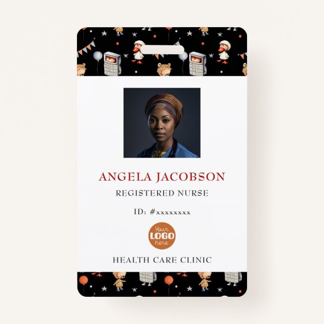 Crachá Cute Black White Pediatric Registered Nurse Logo (Frente)