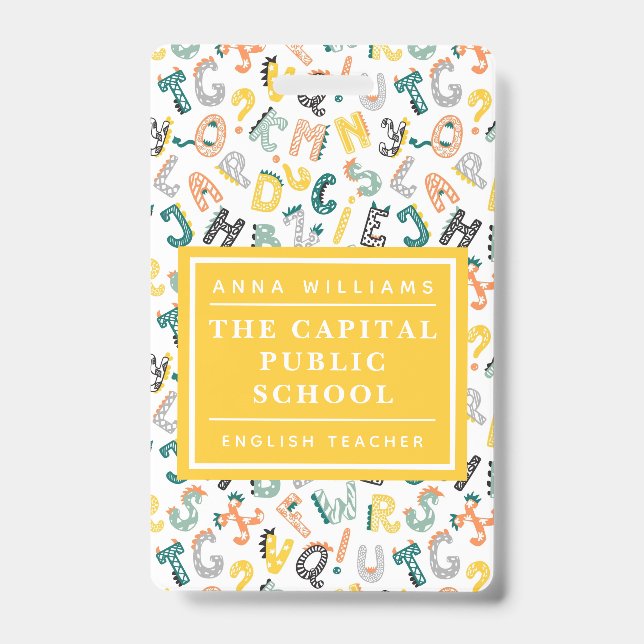 Crachá Cute Dino Alphabet Elementor School Name (Front)