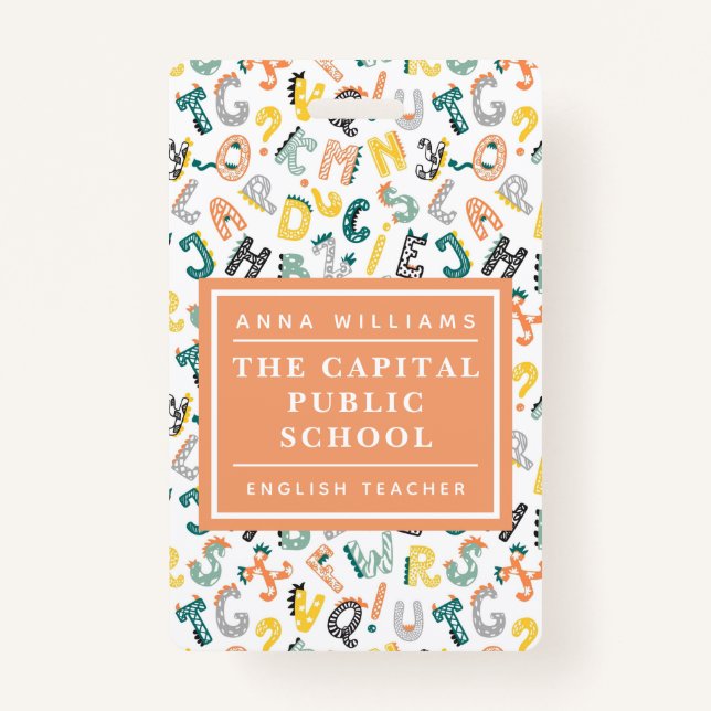 Crachá Cute Dino Alphabet Elementor School Name (Frente)