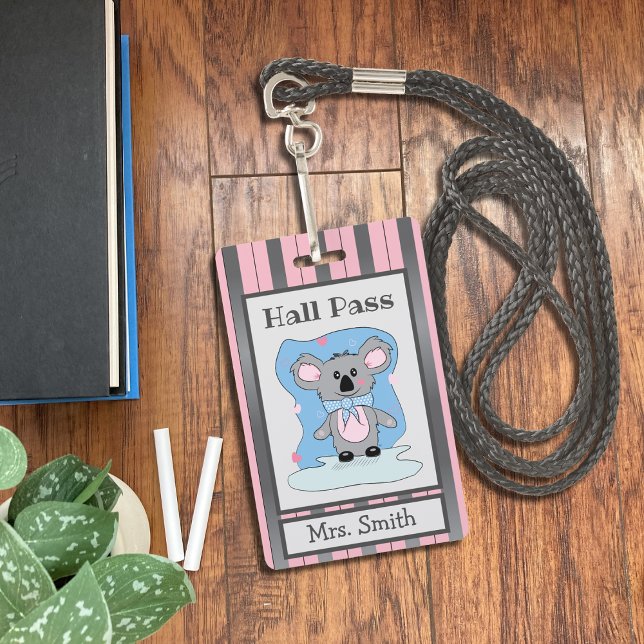 Crachá Cute Koala Bear Pink and Gray Hall Pass Badge (Criador carregado)