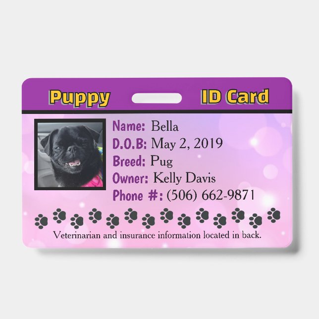 Crachá da placa de identificação puppy - roxo (Frente)