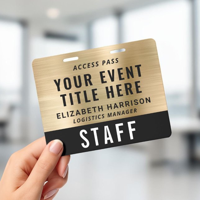 Crachá de Acesso a Evento VIP Equipe Dourado Preto (Event Access Pass VIP Staff Crew Black Gold ID Badge)