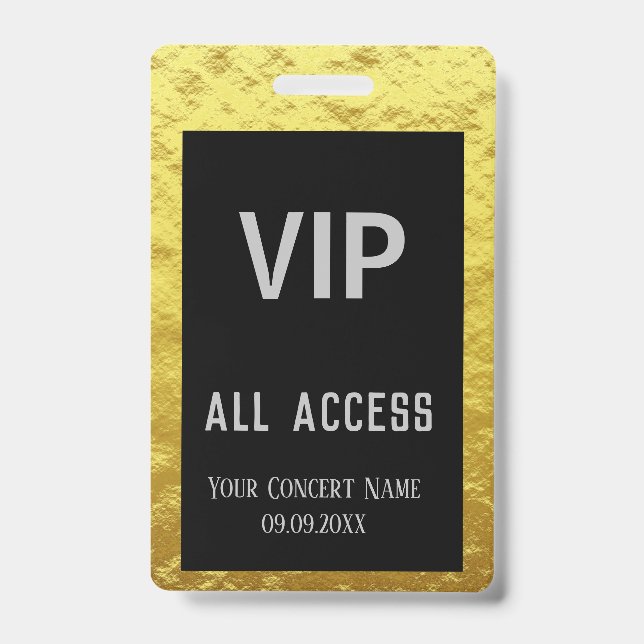 Crachá de Acesso VIP Personalizado Moderno Dourado (Frente)