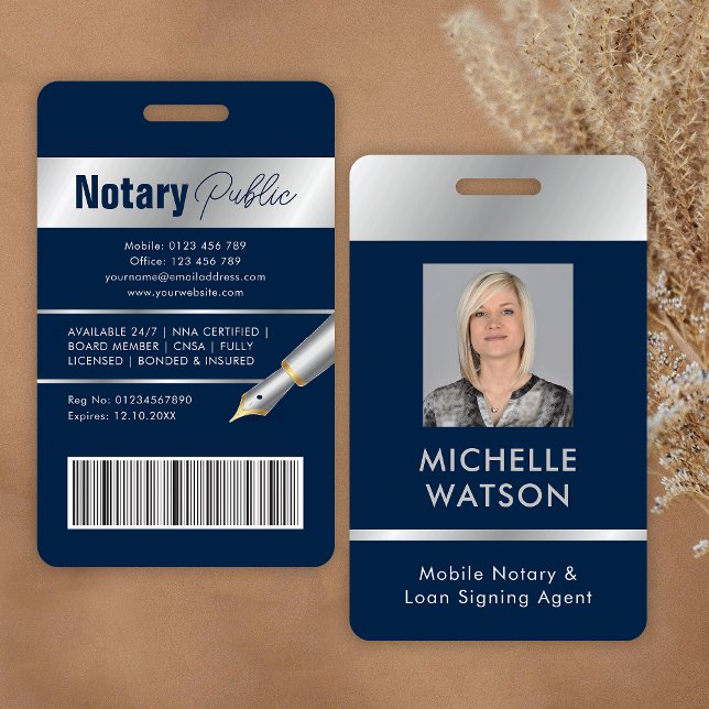 Crachá de Advogado Notário Público Funcionário Fot (Professional employee photo ID badge in navy blue and silver)