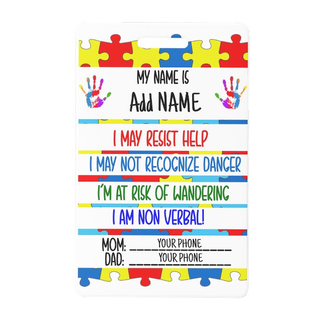 Crachá de Alerta de Autismo Não Verbal (Autism Alert Nonverbal Autistic Contact Badge)