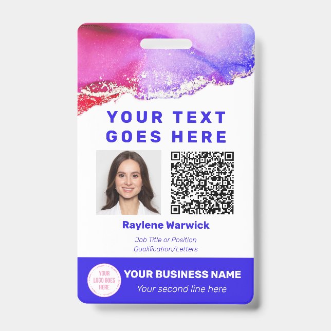 Crachá de código QR de ID de foto de trabalho rosa (Frente)
