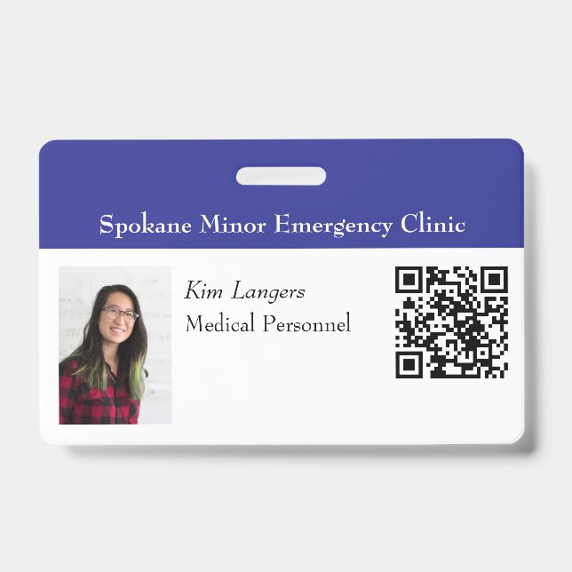 Crachá de código QR e foto de ID horizontal azul (Frente)