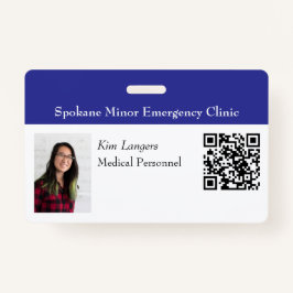 Crachá de código QR e foto de ID horizontal azul