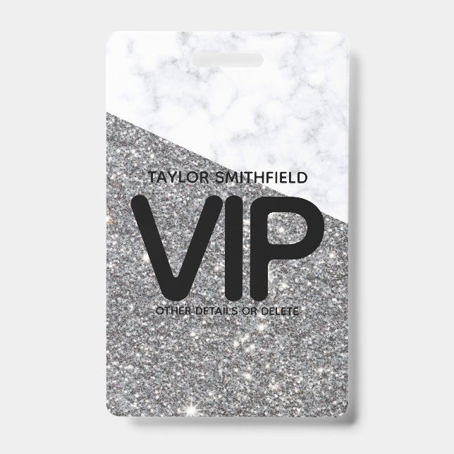 Crachá de cordão VIP trendy Glitter Prata personal (Frente)
