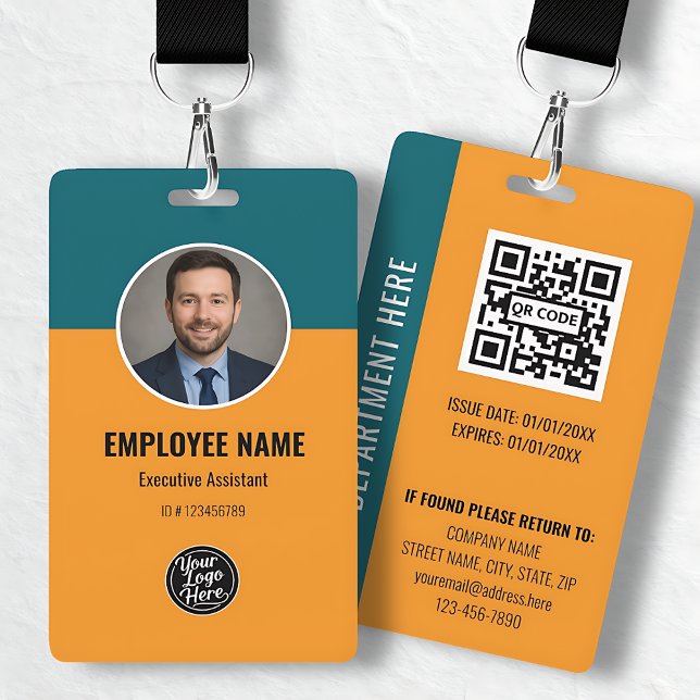 Crachá de Departamento de Foto de Funcionário Lara (Custom Orange Teal Employee Photo Department ID Badge)