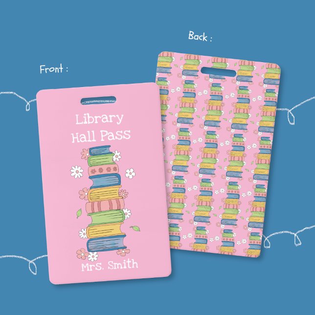 Crachá de Estante de Livros e Flores Rosa para Sal (Pink library student hall pass badge .)