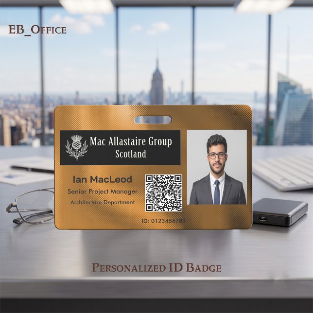 Crachá de Foto com Logotipo Largo Personalizado em (Orange Gold Custom Wide Logo Placeholder Photo ID Badge Template. Size 2.13 x 3.38 Inches)